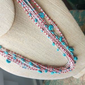 Artist Made NWT Handmade Beaded Turquoise & Red Layered Crochet Bib Necklace